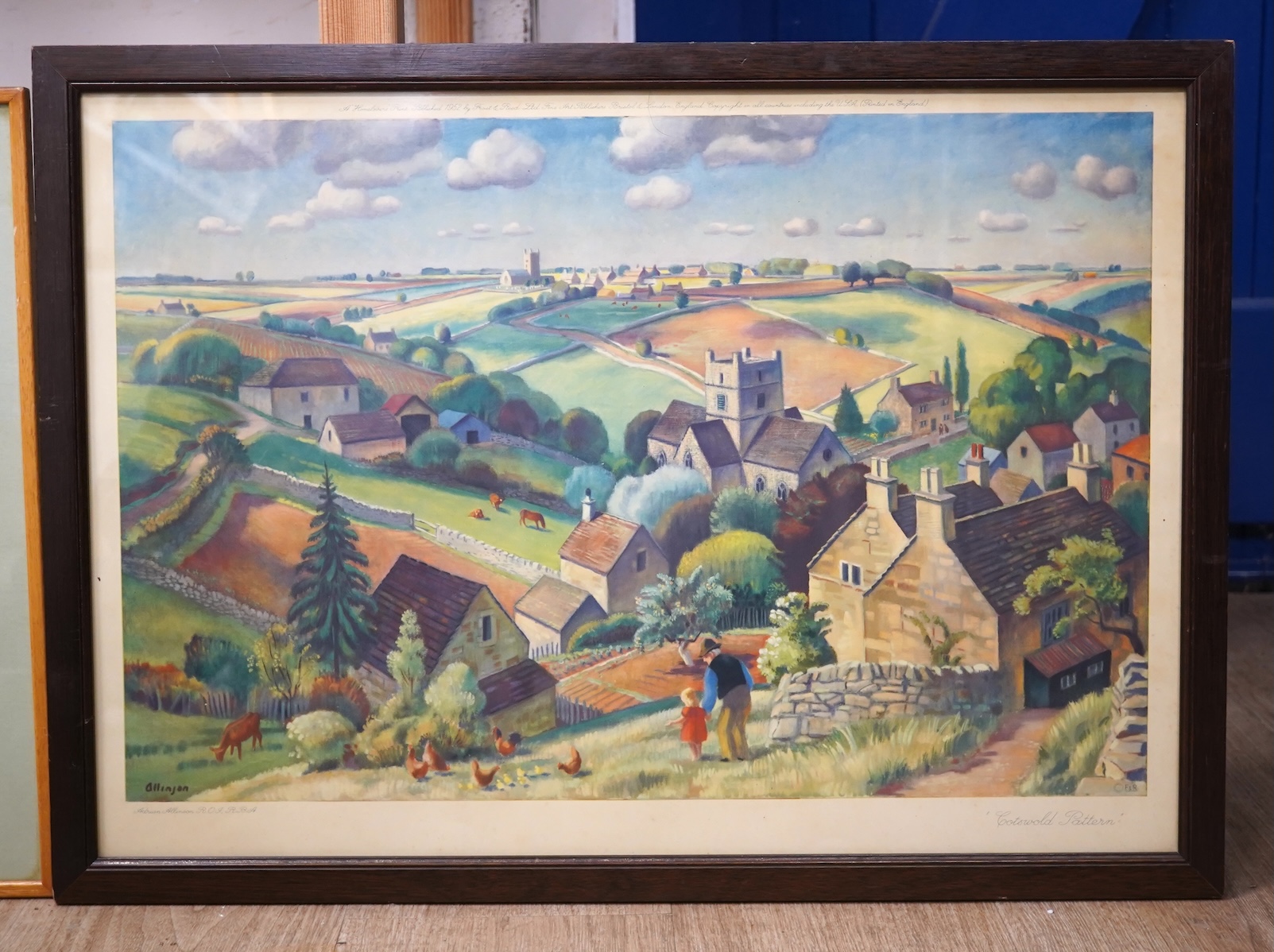 Adrian Paul Allinson ROI (1890-1959), coloured crayon, English landscape, together with a colour print, ‘Cotswold Pattern’, largest 31 x 53cm. Condition - fair to good